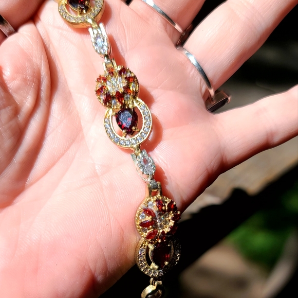 STUNNING ruby, garnet & white Topaz sterling & gold bracelet - Picture 3 of 9